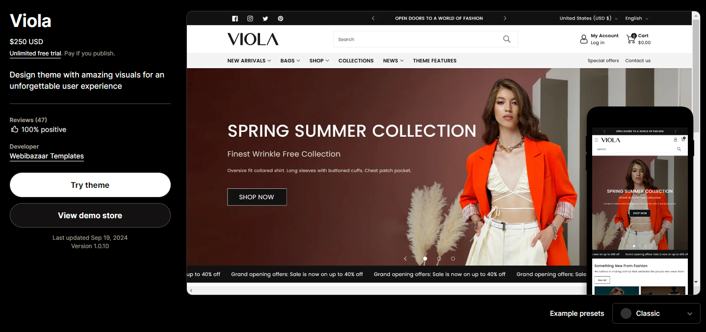 Pricing of the Shopify theme Viola